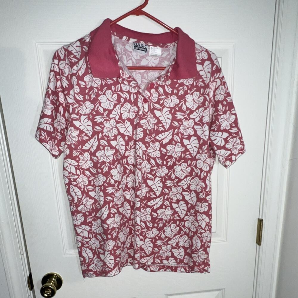 Basic Editions Pink Hibiscus Floral Polo Shirt XL Vintage 90s Retro Grandma core